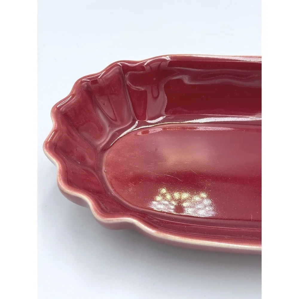 Deltis Stoneware Burgundy Red Scalloped Glazed Oval Serving Bowl Dish Portugal